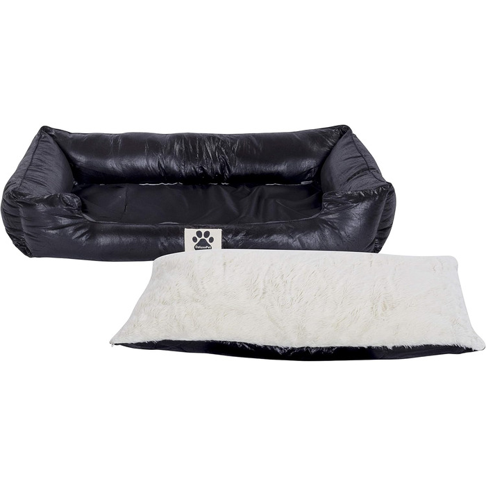 Крісло-ліжко для собак CLAMARO 'DeluxePet' чорного кольору 120x80 см з штучної шкіри, 2в1 з поворотним подушками, для великих собак, з боковинами з м'якою оббивкою, антиковзаюча підкладка, розмір Large
