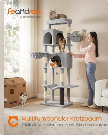 Великий багатоярусний котячий комплекс Feandrea 190,7 см, XXL, з 2 будиночками, 2 лежаками, 5 стовпчиками для дряпання, котячою щіткою, великою платформою, сірий