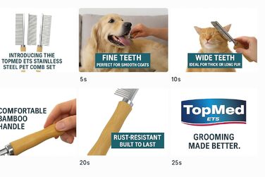 Набір для грумінгу TopMed ETS: 3 нержавіючі гребені, бамбукова ручка, для собак, котів та інших тварин