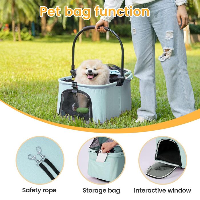 Дитяча коляска 2-в-1 для собак та дітей, складана, з 4 швидкими колесами, знімний кошик, легка, для собак середніх та маленьких порід, котів, для прогулянок на вулиці (Блакитно-зелений)