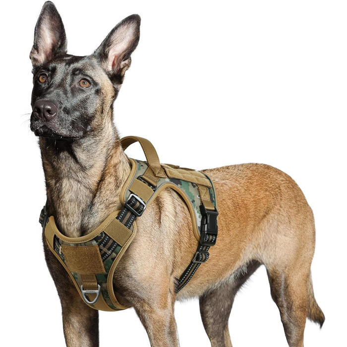 Нашийник для собак Rabbitgoo середнього розміру, анти-тяговильний, регульований з ручкою, міцний, з металевими пряжками, для піших прогулянок (M, L), камуфляжний, коричневий