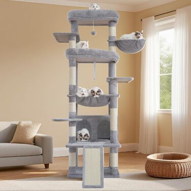 Кігтеточка Heybly для котів, 202 см з 2 великими лежаками, когтешкребком, великою печерою, кошиком, сизалевим стовпом та гамаком. Підходить для дорослих котів, світло-сіра HCT038W