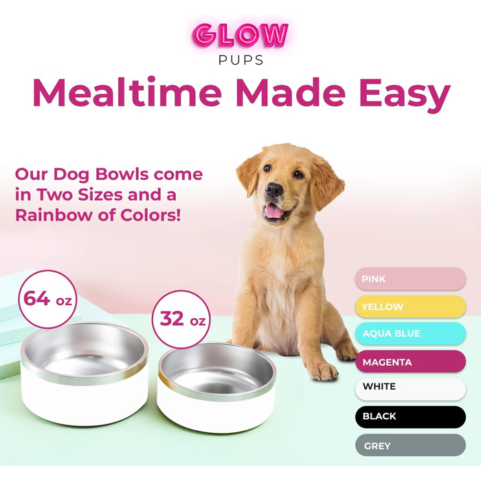 Glow Pups Біла миска для собак, подвійні стінки, ізольована, нековзна, 1,8 л, нержавіюча сталь