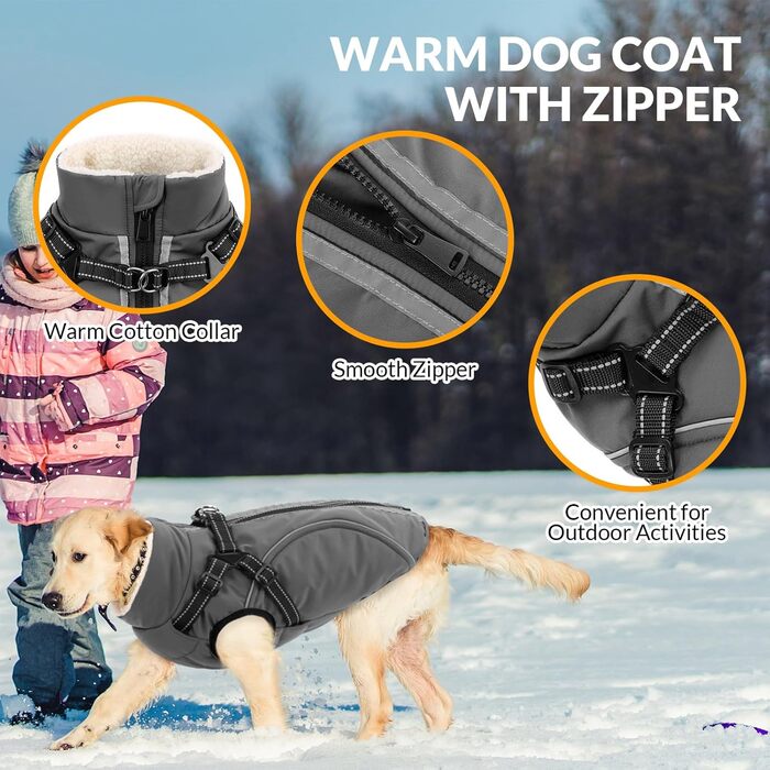 Теплий зимовий одяг для собак Citétoile: куртка з блискавкою, вітрозахисна, з відбиваючими смугами та нагрудником. Підходить для собак маленьких, середніх та великих порід. Сірий колір, розмір S.