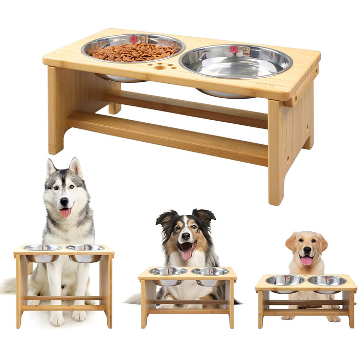 Підвищені годівниці для собак HTB, бамбук, 2 нержавіючі миски, 44x24x18 см, 18 см висота, для собак середніх та великих порід