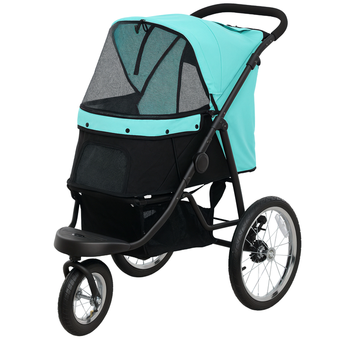 PawHut Коляска для собак Jogger Dog Buggy Складна для маленьких собак і кішок до 10 кг Cat Buggy з 3 великими гумовими колесами, подушками Сітка Вікна Кошик для зберігання Котяча коляска з безпечними повідцями, бірюзова | Аосом