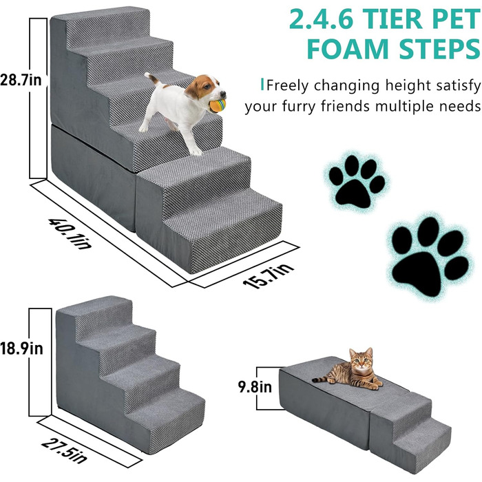 Сходинки для собак до ліжка, 73.7 см, 6 сходинок, сірі. Підходять для ліжок/диванів висотою 63.5–76.2 см. Безпечні та стійкі для маленьких та великих собак/кішок