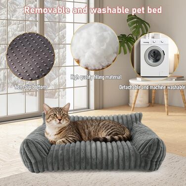 Котяче ліжко-софа, 60x45x20 см, м'яке та пухнасте, для котів та маленьких собак, знімний водонепроникний чохол, антиковзаюче покриття (сірий)