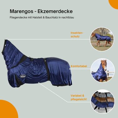Marengos екземна попона з шийною частиною та захистом живота, антимоскітна, з дрібної сітки, нічно-синя, 135 см