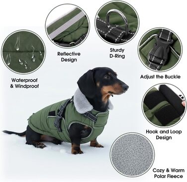 Зимовий теплий накид для собак ASENKU (S, M, L, XL) – водонепроникний, вітронепроникний, з відбиваючими елементами, з нагрудником, для маленьких, середніх та великих собак, зелений