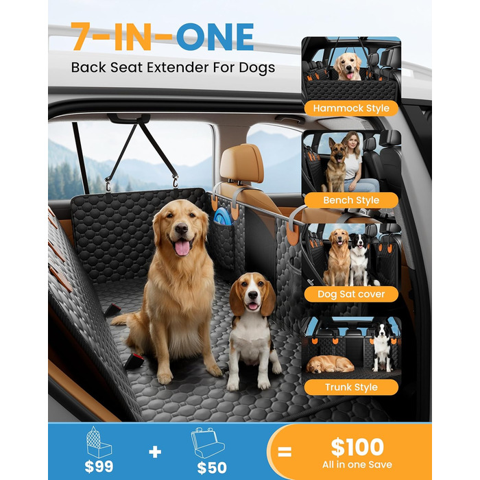 Подовжувач для заднього сидіння автомобіля для собак, водовідштовхувальний чохол на сидіння для собак, витримує до 180 кг, знімний жорсткий каркас, міцна підвісна лежанка для собак у автомобіль, SUV, вантажівка