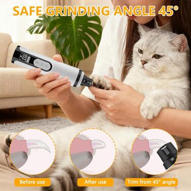Електричний точило для собачих кігтів, пристрій для шліфування кігтів з LED-підсвічуванням, бездротова зарядка USB, запасні насадки для цуценят, обрізання кігтів для собак та котів (1+2 x запасна насадка)
