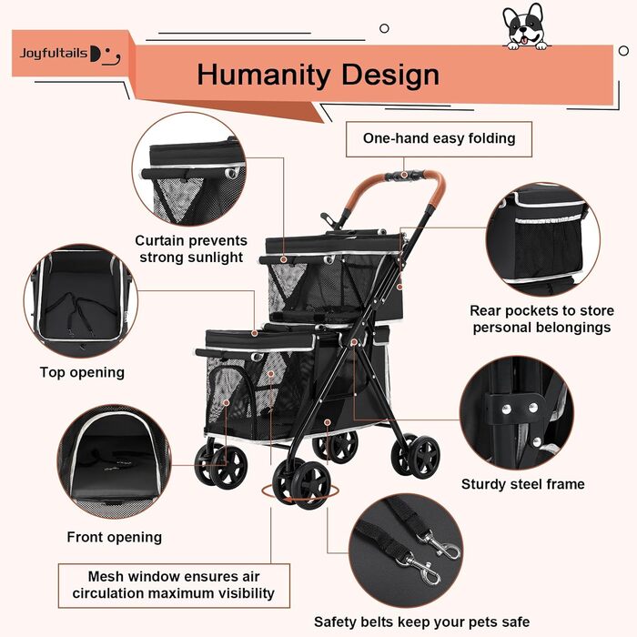 Візок для собак Joyfultails, складний, для маленьких собак та котів до 20 кг (чорний)