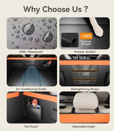 Подовжувач для заднього сидіння автомобіля для собак, преміум PU-шкіра, захисний чохол для сидіння з жорсткою основою, витримує 180 кг, водовідштовхувальний, універсальний, оранжево-чорний