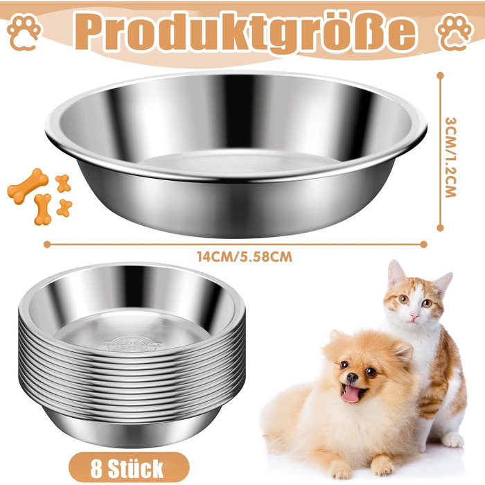 Набір з 8 мисок для котів Loppdece з нержавіючої сталі, 14 см, для чутливих вусів, підходить для кошенят та маленьких собак, можна мити в посудомийній машині