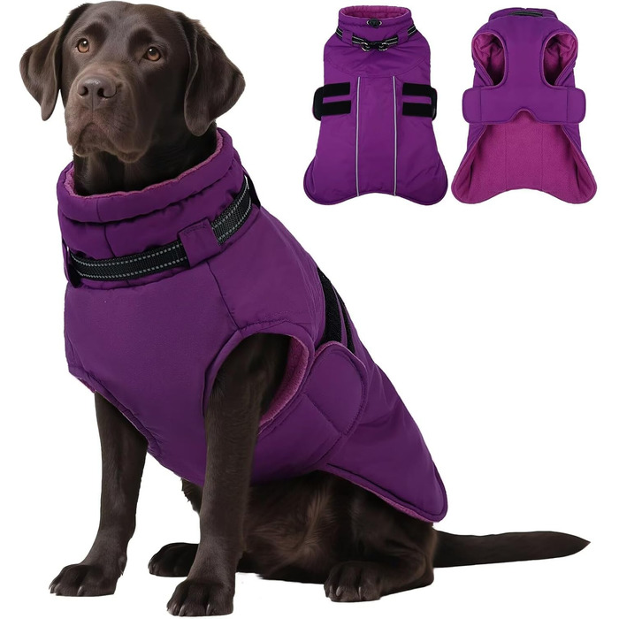 Зимова куртка для собак IECOii, тепла, водонепроникна, регульована, з відбиваючими елементами, фіолетова, розмір 2XL