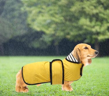 Жовтий дощовик для собак, регульований, водовідштовхуючий, для такс, з відбиваючими елементами, з реміннем на липучці, розмір M (довжина спини 42-45 см)