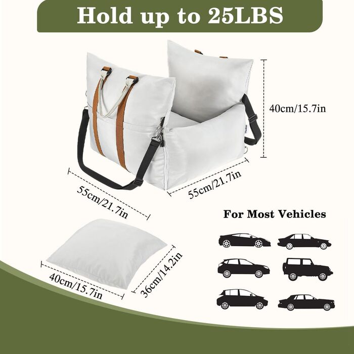 Pawaboo Автомобільний крісло для собак, водовідштовхувальне, з ременями та шнуром безпеки, посилене, сумка для подорожей з м'якою оббивкою, до 11 кг, світло-сірий