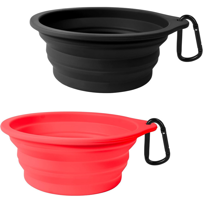 Складані годівниці для собак PetBonus (2 шт.) - силіконові миски для води та корму для собак, котів, в дорогу, з карабіном (1000 мл, чорний, червоний)