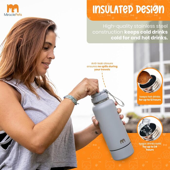 Водяна пляшка для собак Miracle Pets: 1 л, нержавіюча сталь, з мийкою, BPA-free