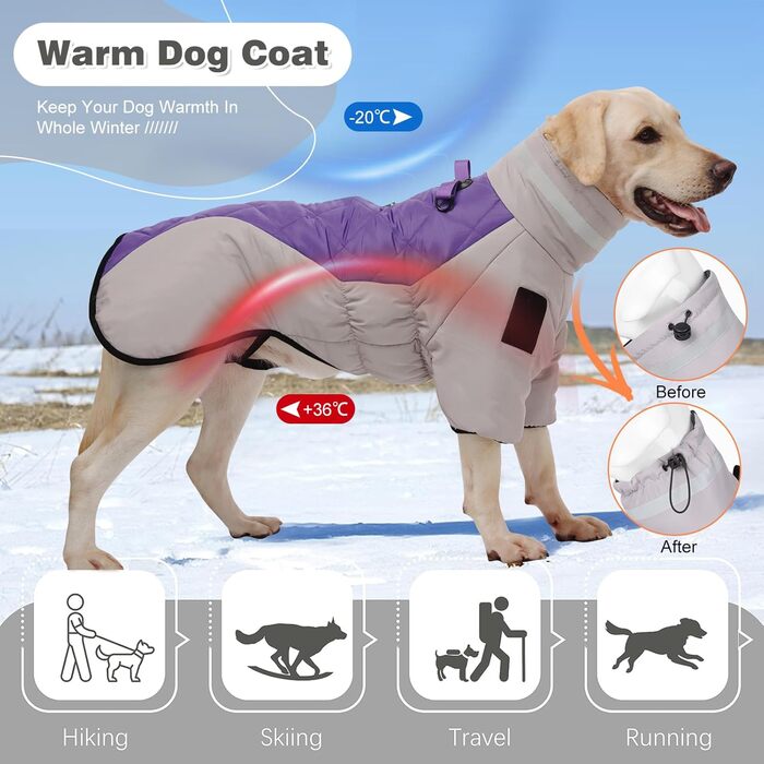 Зимовий теплий водонепроникний одяг для собак з високим коміром (5XL) - сірий + фіолетовий