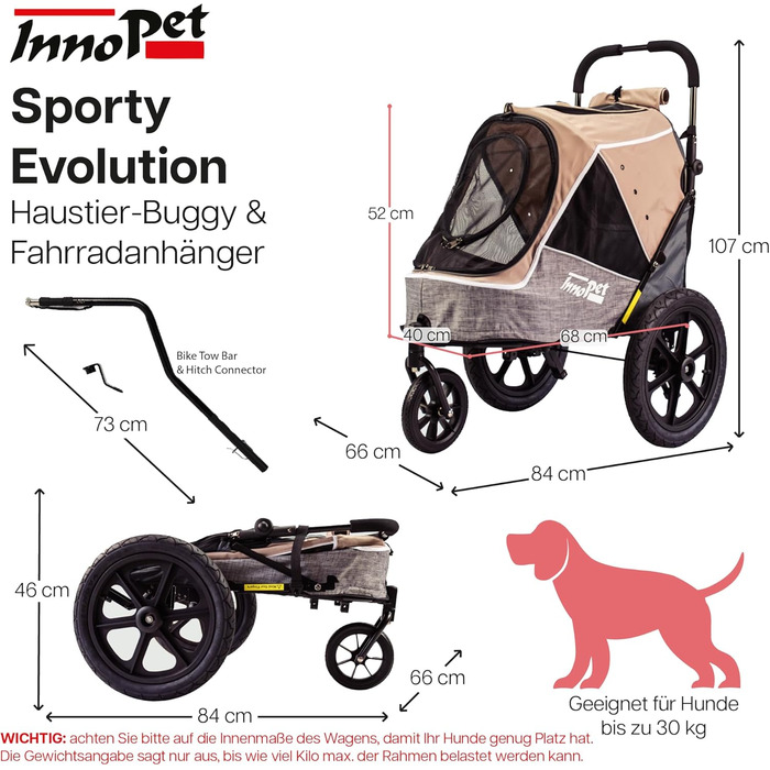 Innopet Sporty Evolution Latte: прогулянка для собак 2-в-1 (будка та велосипедний причіп), бежевий/сірий, до 30 кг, з дощем та світловідбивачами