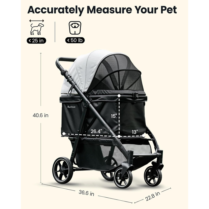 Візок для собак середнього розміру, складаний, з регульованою ручкою, кошиком для зберігання та підстаканником, балдахіном та сітковим віконцем, ідеальний для собак середнього розміру