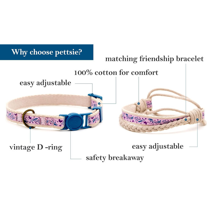 Набір ошейників для котів Pettsie та браслети дружби, безпечний дизайн з м'якої бавовни, D-подібне кільце для аксесуарів, регульований розмір 19-29 см (12,7-20,3 см, фіолетовий)