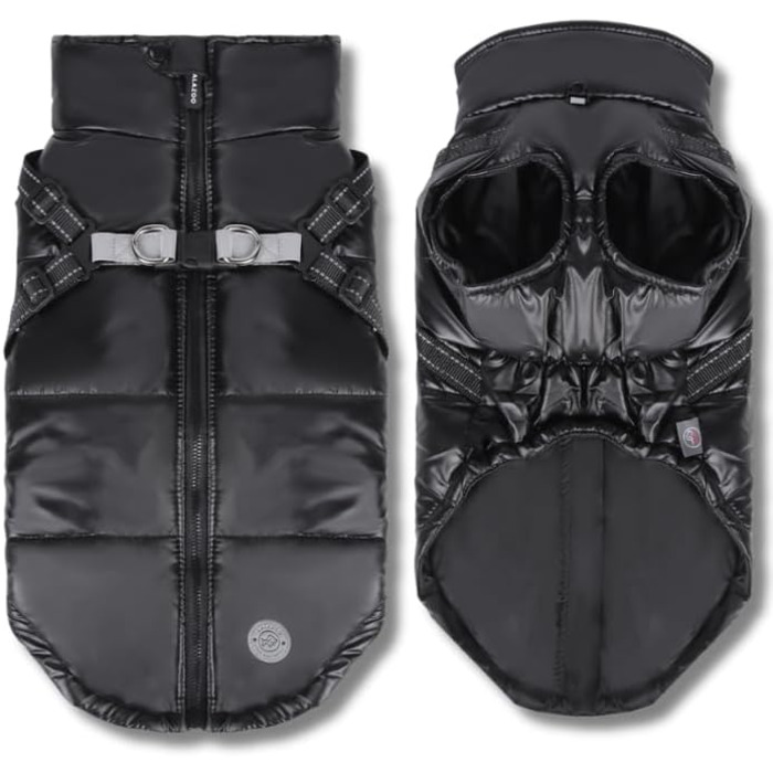 Тепла та водонепроникна куртка для собак 2-в-1 з інтегрованим повідком – відображаюча зимова куртка для маленьких, середніх та великих собак – вітронепроникна, зручна та легка у догляді (5XL, Чорний)