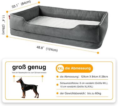 Ортопедичне собаче ліжко Zedelmaier для середніх та великих собак, 90х68х25 см, стійке до подряпин, з товстим лежаком, миється, ергономічне диван-ліжко для собак з знімним покриттям (124 x 84 см, Темно-сірий)