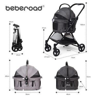 Візок для собак та котів з функцією складання, чорний. Розміри: 73 x 55 x 100 см, вантажопідйомність: 15 кг