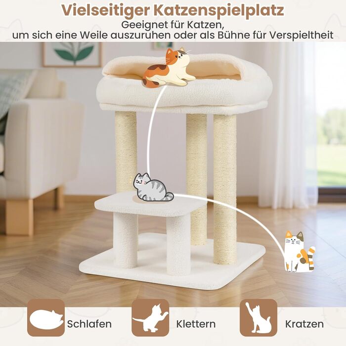 Дерев'яний кігтеточка для котів COSTWAY Klein, 61 см, білий. З м'якою лежанкою, великою основою та сизалевими стовпчиками. Кліматичний комплекс для котів, ігровий центр.