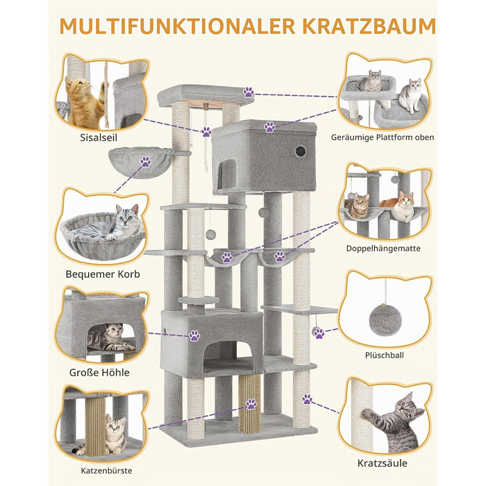 Ігровий комплекс для котів Hzuaneri XXL: великий кігтеточильник (185 см) з 10 стовпчиками, світло-сірий, 68 x 45 x 185 см