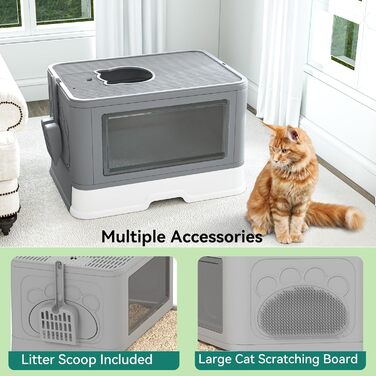 Великий туалет для котів YITAHOME з кришкою, без запаху, Hop In, з совком для наповнювача, сірий