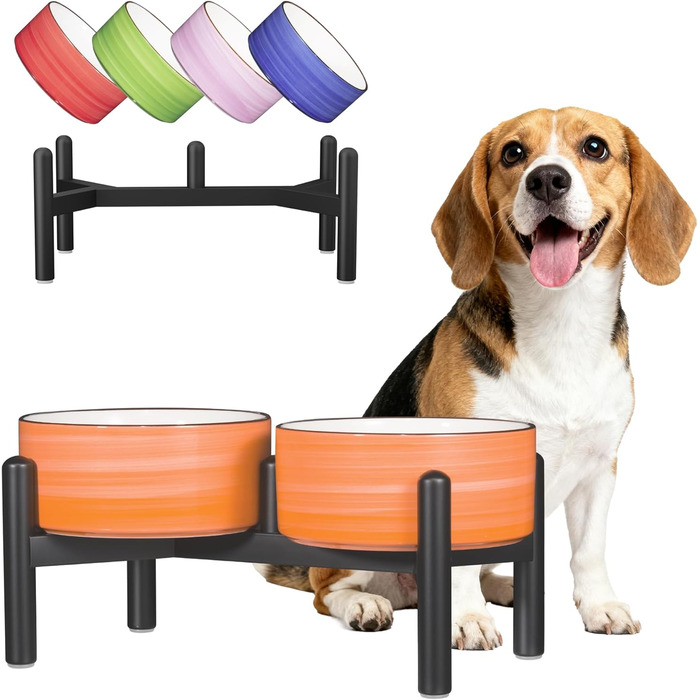 Керамічна годівниця для собак на підставці з нержавіючої сталі - подвійна годівниця для маленьких та середніх собак - неслизький набір мисок для корму та води - 350г / 660мл - 15см - (Помаранчевий)