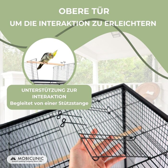 Велика клітка для птахів Mobiclinic Pets із колесами, гальмами та верхнім відкриттям, 8 дверцят, знімний піддон, годівниці та поїлки, сідала, для папуг і німф, 95x43x61,5 см