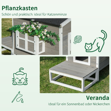 PawHut Cat House Будиночок для кішок з терасою та балконом для котів та собак, ялина Сірий та Білий, 115 x 66.5 x 74.7 см