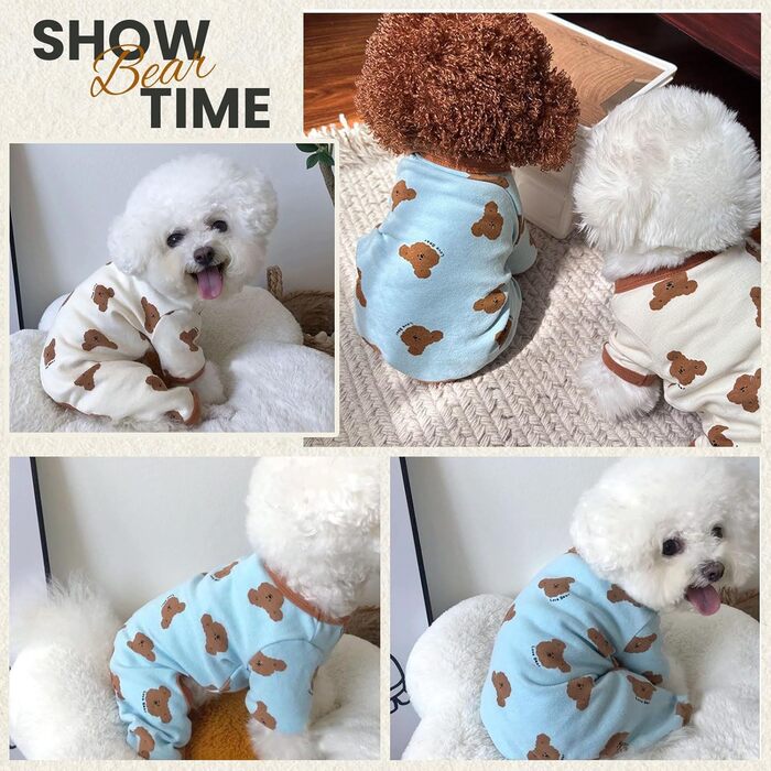 Піжама для собак AXIIJGL, бавовна, еластична, цільнокройна, зручна, для маленьких собак, з принтом милого ведмедика, для французького бульдога (XX-Large, довжина спини 37 см), блакитно-біла