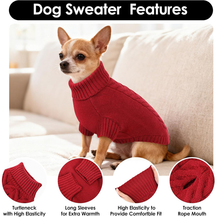 Теплий зимовий пуловер для собак M, червоний. Для Французького бульдога, Шнауцера, Мальтезе, Бічон Фрізе, Бостон Тер'є. Легко прати, в'язаний, з коміром-горловиною.