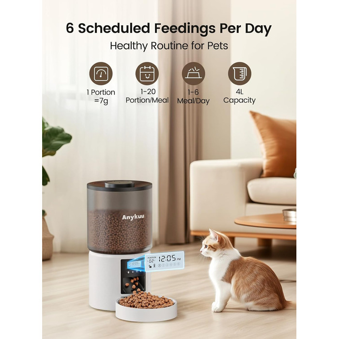 Автоматичний годівниця для котів та собак Anykuu 4L з таймером та контролем порцій. Автоматичний диспенсер для сухого корму з функцією запису (10с) для маленьких та середніх тварин, білий