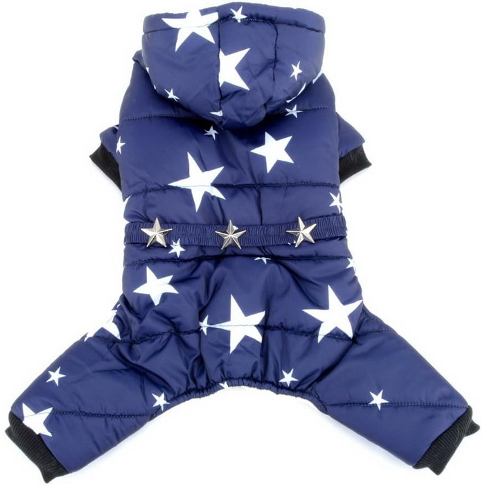 Зуена зимовий теплий костюм для собак з капюшоном, флісовою підкладкою та зірковим поясом. Водонепроникний костюм для собак, теплий одяг для собак, капюшони, комбінезони для котів, цуценят, чихуахуа. Колір: синій, розмір L (спина: 30см; груди: 42см)