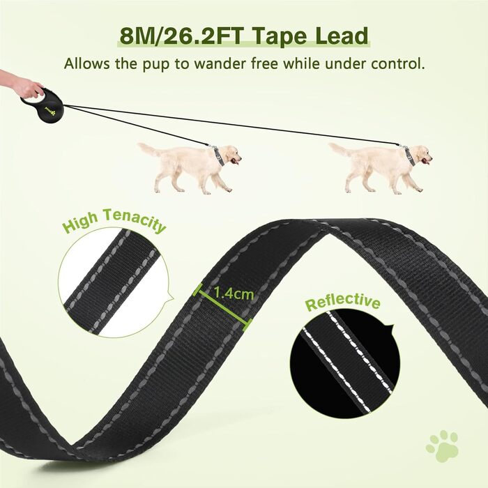 Рулетка для собак Pecute 8м, 50 кг, 360°, антиковзний хват, швидка зупинка, зелена