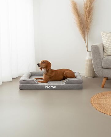 Ортопедичне ліжко для собак Lionto з піднятим бортиком, 89x63x17 см, міцне собаче ліжко з м'яким фланелевим наповнювачем, знімний та пральний чохол, нековзне, для малих та великих собак + котів, сіре (з нанесенням імені)