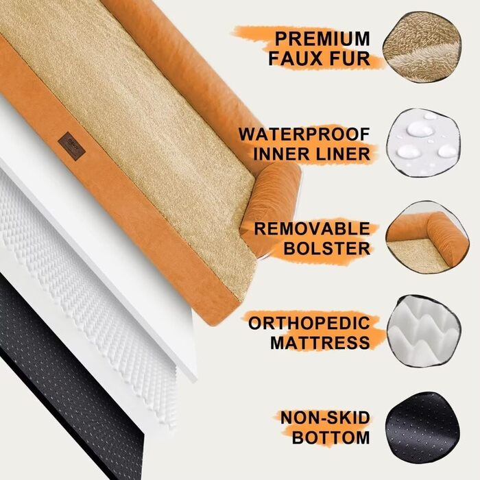 Ортопедичне ліжко для собак великих порід, XL, 91x69x18 см, знімний валик, миється, колір помаранчевий/червоний (Sunset Chevron)