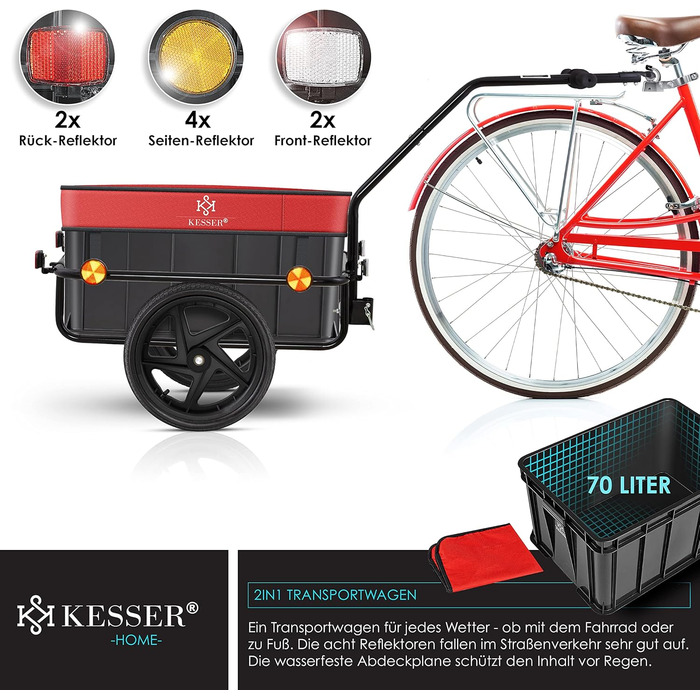 Причіп для велосипеда KESSER®: вантажний, ручний, 70 літрів, для 2 ящиків пива, 26-28 дюймів (червоний)