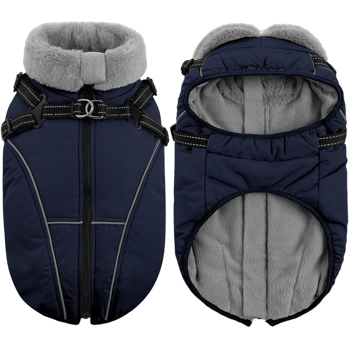 Зимовий теплий водонепроникний одяг для собак Queenmore, куртка для собак з шлейкою, 3-шарова, світловідбиваюча, для великих порід (лабрадор, хаскі, голден ретрівер) (Морська хвиля, 2XL) XXL Морська хвиля