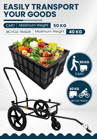 Велосипедний причіп 2-в-1 з ручкою для штовхання, міцний сталевий каркас, колеса 40 см, вантажопідйомність до 40 кг, чорний