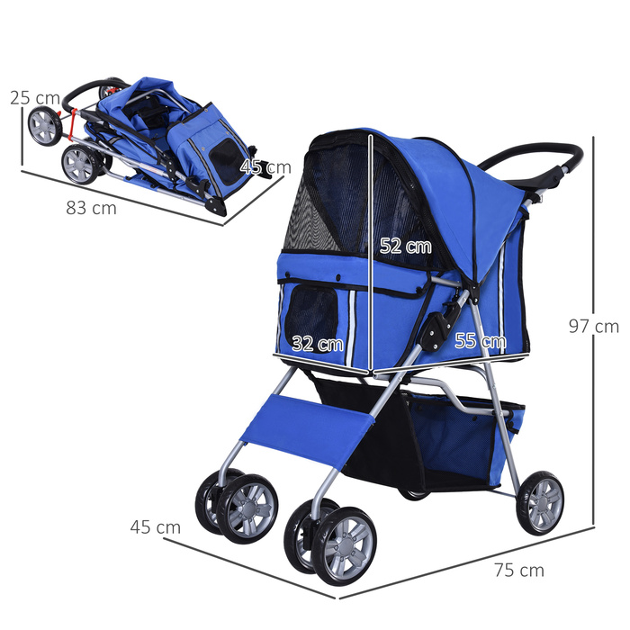 PawHut Dog Stroller Dog Buggy Pet Stroller Jogger Trailer для собак синій, складний і легкий, чудово підходить для поїздок