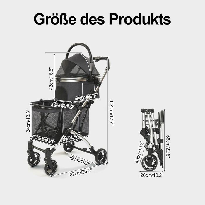 Візок для собак 3-в-1 до 24 кг, складний, для маленьких собак та котів, візок-кіндерваген для собак