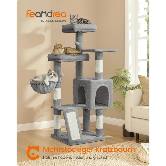 Ігровий комплекс для котів Feandrea Kratzbaum — когтеточка з 3 лежаками, будиночком та кошиком, 136 см, колір: голубо-сірий
